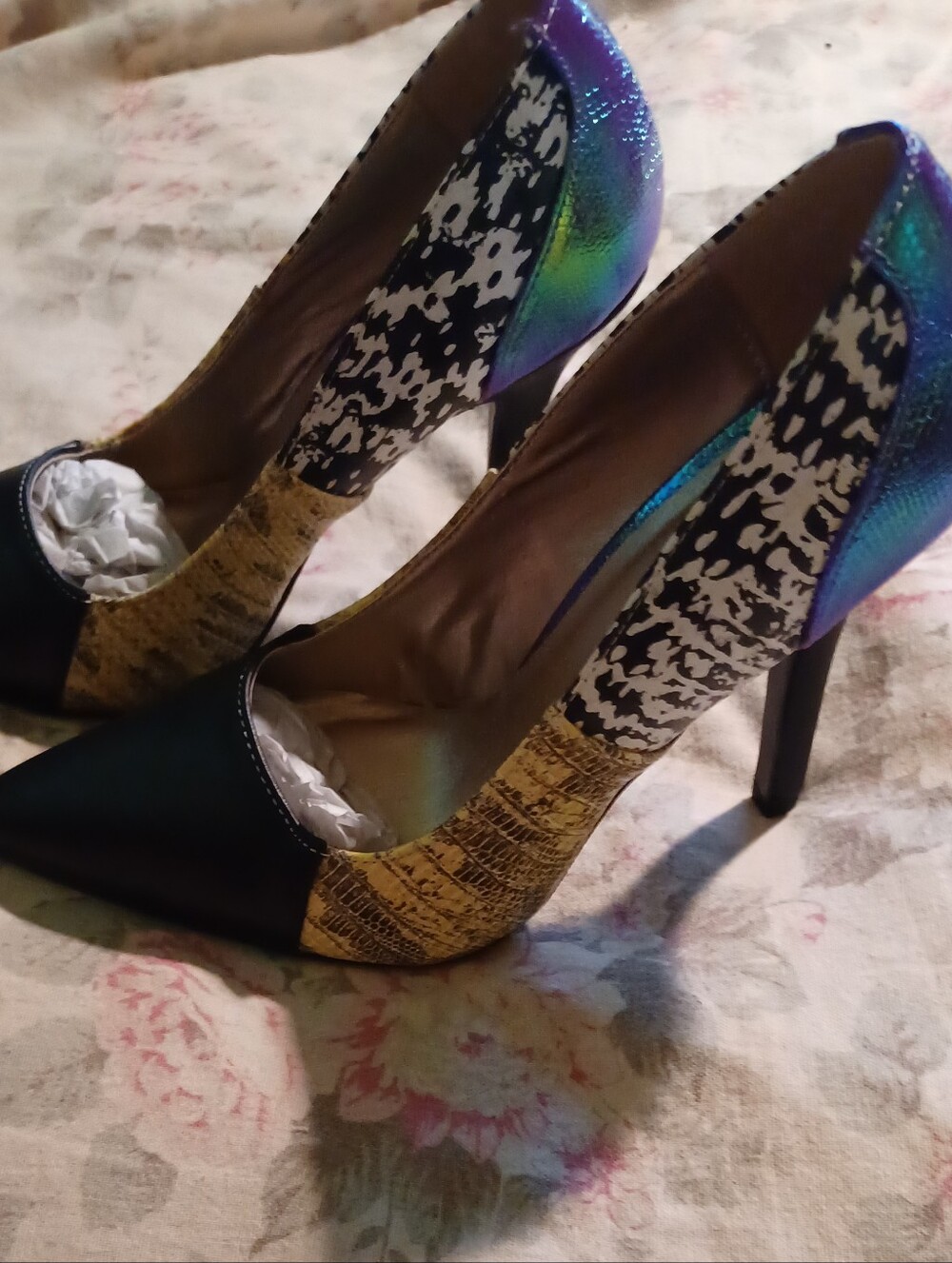 Cupid  Black, Gold, and Iridescent Purple. Multi-Colored, Pointed-Toe , 3" Heels